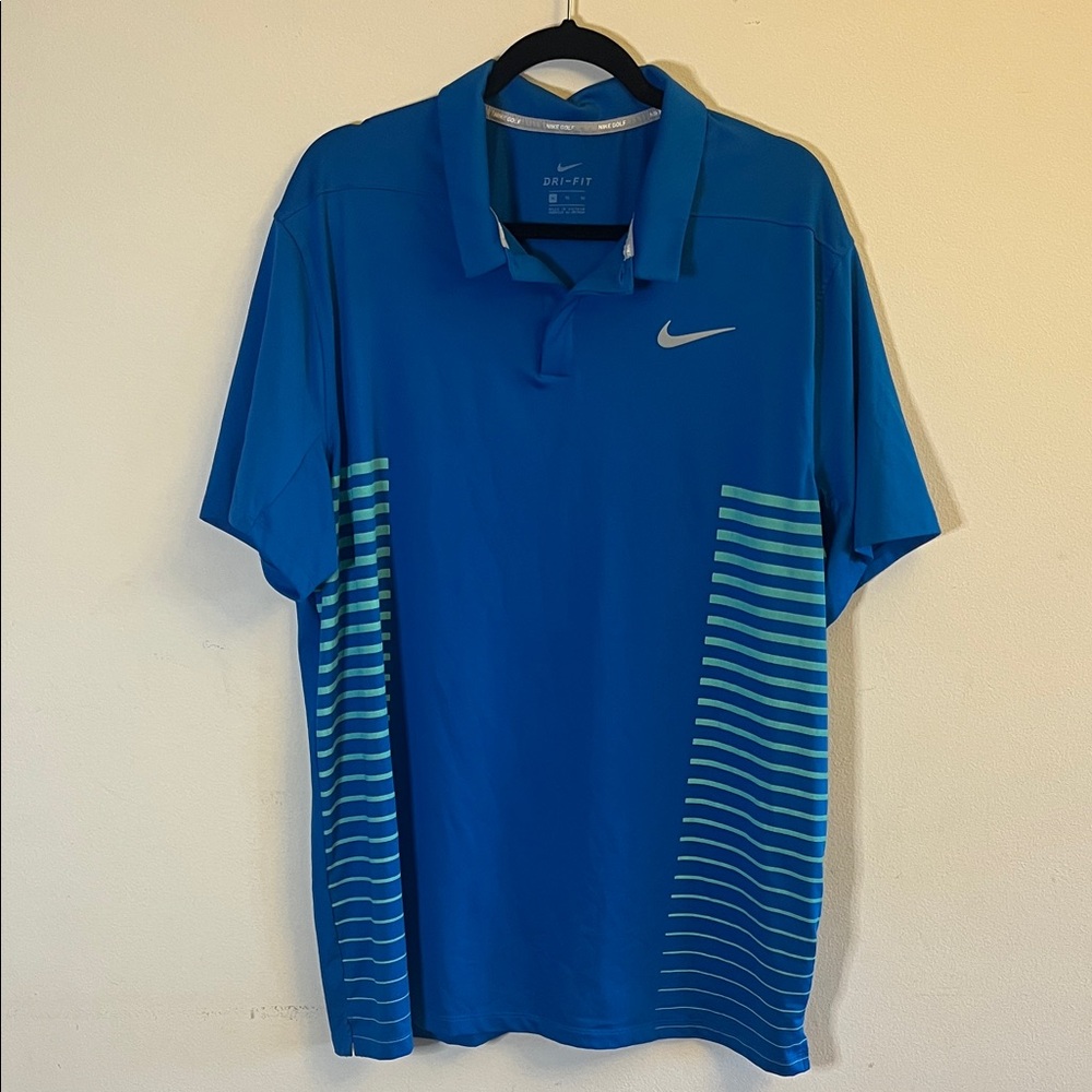 Nike Men's Blue and Green Striped Golf Shirt